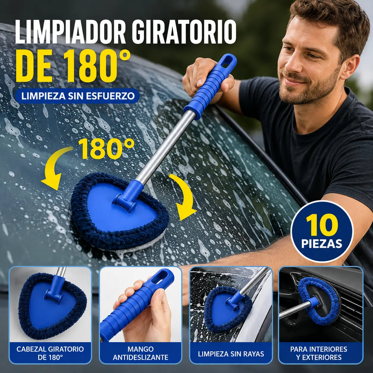 🚗✨Kit de limpieza de parabrisas para coche: soporte extensible y con rotación de 180° [El producto incluye 1 soporte triangular de plástico + 4 fundas para paños de limpieza]