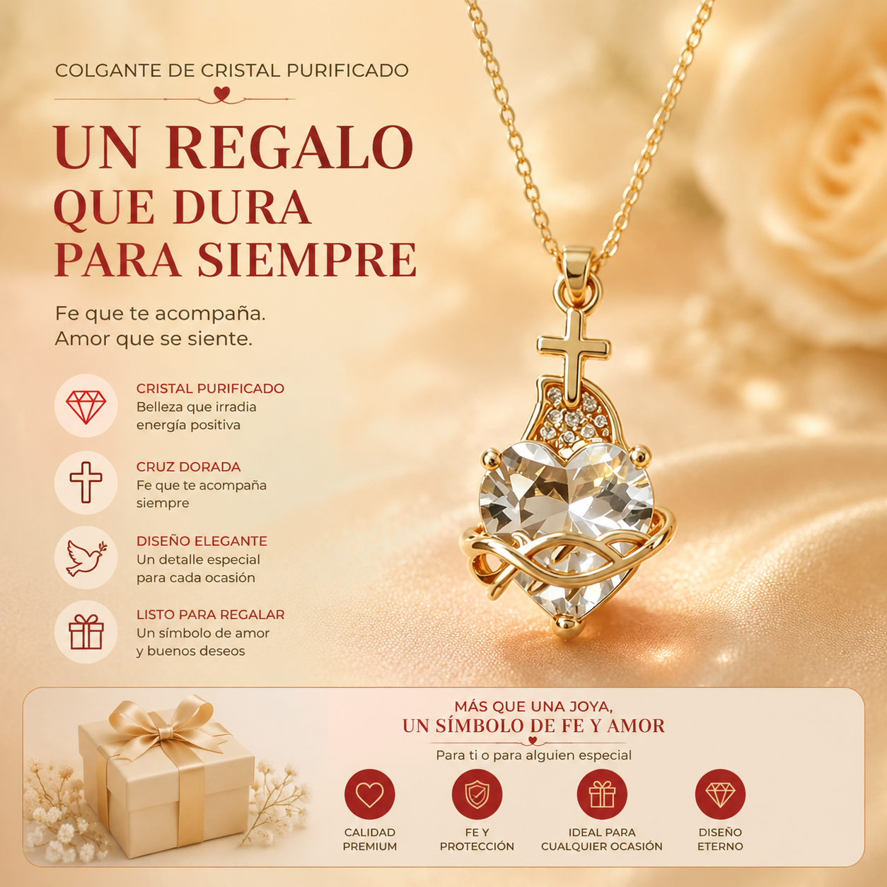 ❤️【Compra 1 y llévate 1 gratis】✝️ 【2 piezas】Collar del Sagrado Corazón de Jesús – Colgante de Cruz con Cristal en Forma de Corazón Bañado en Oro, Luz de Cristo, Joya Religiosa de Fe para Mujer 🎁✨
