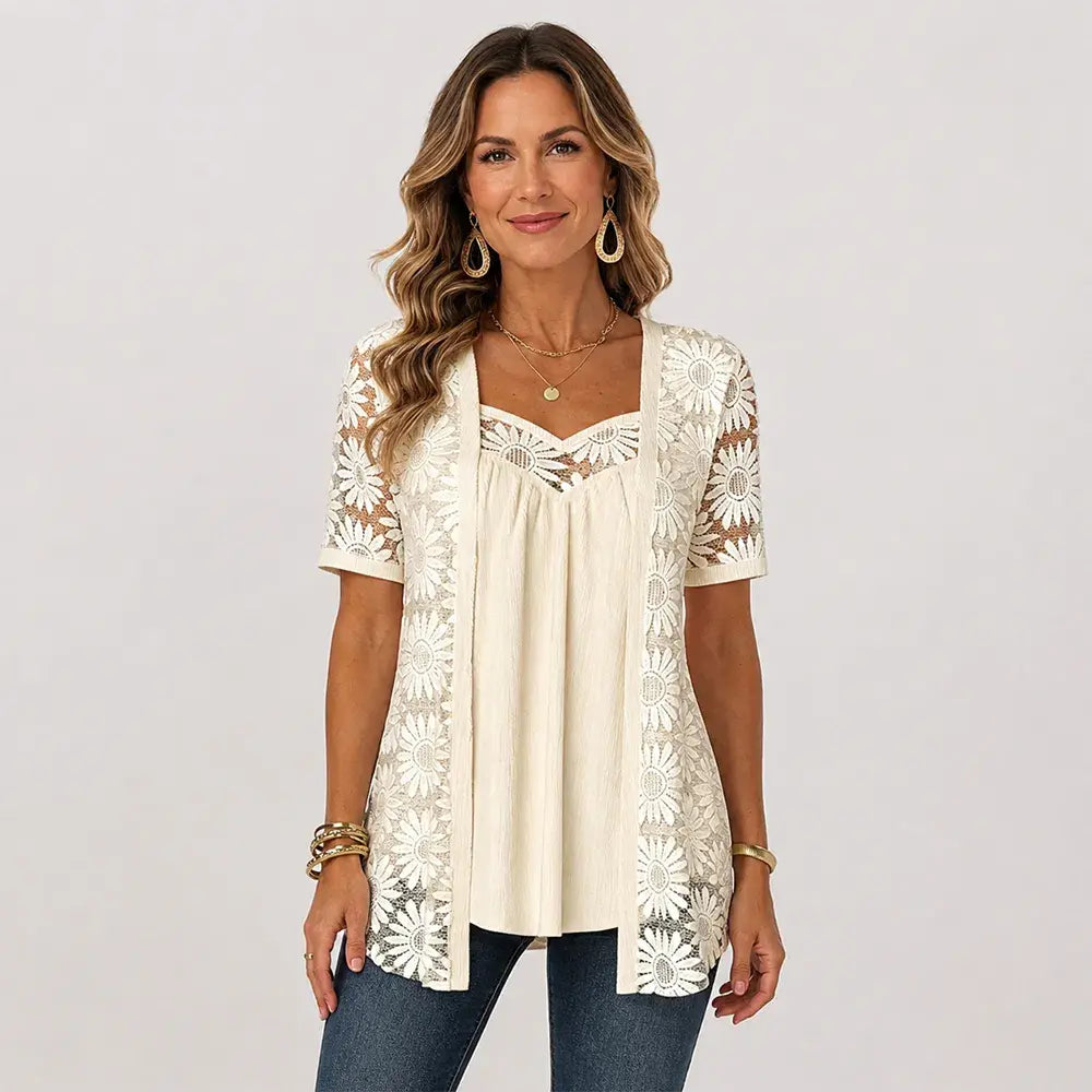 🌸 【S-4XL】 Blusa de encaje floral con malla – Estilo único y fresco que te hará brillar en cualquier ocasión 🌟🌿