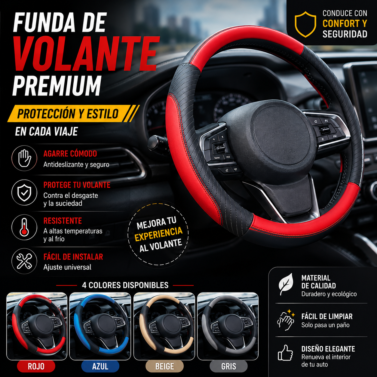 🔥Funda de volante de cuero genuino - Funda universal para volante de coche, antideslizante, duradera