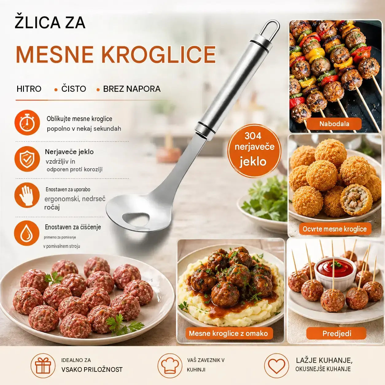🍖 【2 kosa】Mod za mesne kroglice iz nerjavečega jekla 304 – idealen za pripravo mesnih in ribjih mesnih kroglic, popoln za kuhanje doma 🥄