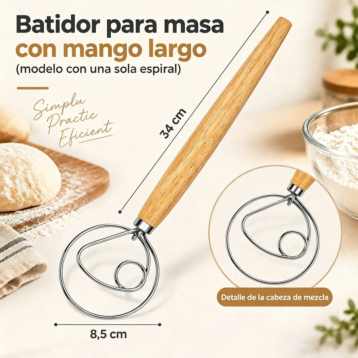 🥖 Mezclador Manual de Masa de Acero Inoxidable con Mango de Roble – Herramienta Indispensable para Hornear, Amasar y Tamizar · ¡Compra uno y llévate otro gratis (recibes 2 unidades)! 🌾