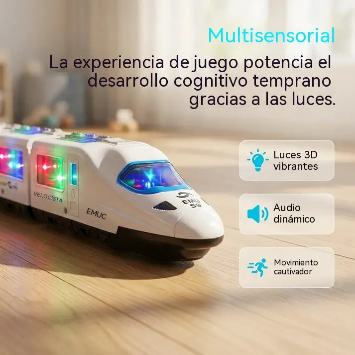 🚄1 piezas 30 euro 🎵 Tren eléctrico de juguete de alta velocidad: se ilumina, cambia de dirección al chocar y reproduce música; luces y sonidos interactivos; navegación inteligente para sortear obstáculos ✨