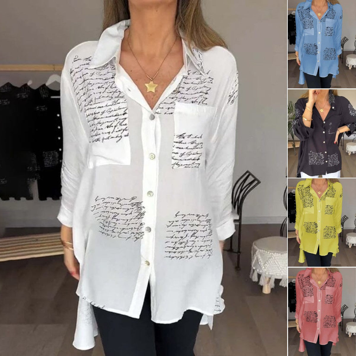 🎁Camisa con solapa a la moda con estampado de letras