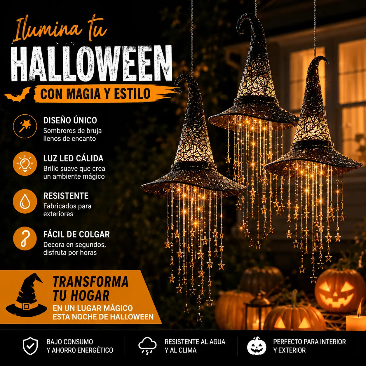 🔮🧙 Sombrero de bruja colgante con luz – Campana de viento iluminada para decoración de Halloween 🎃🌟