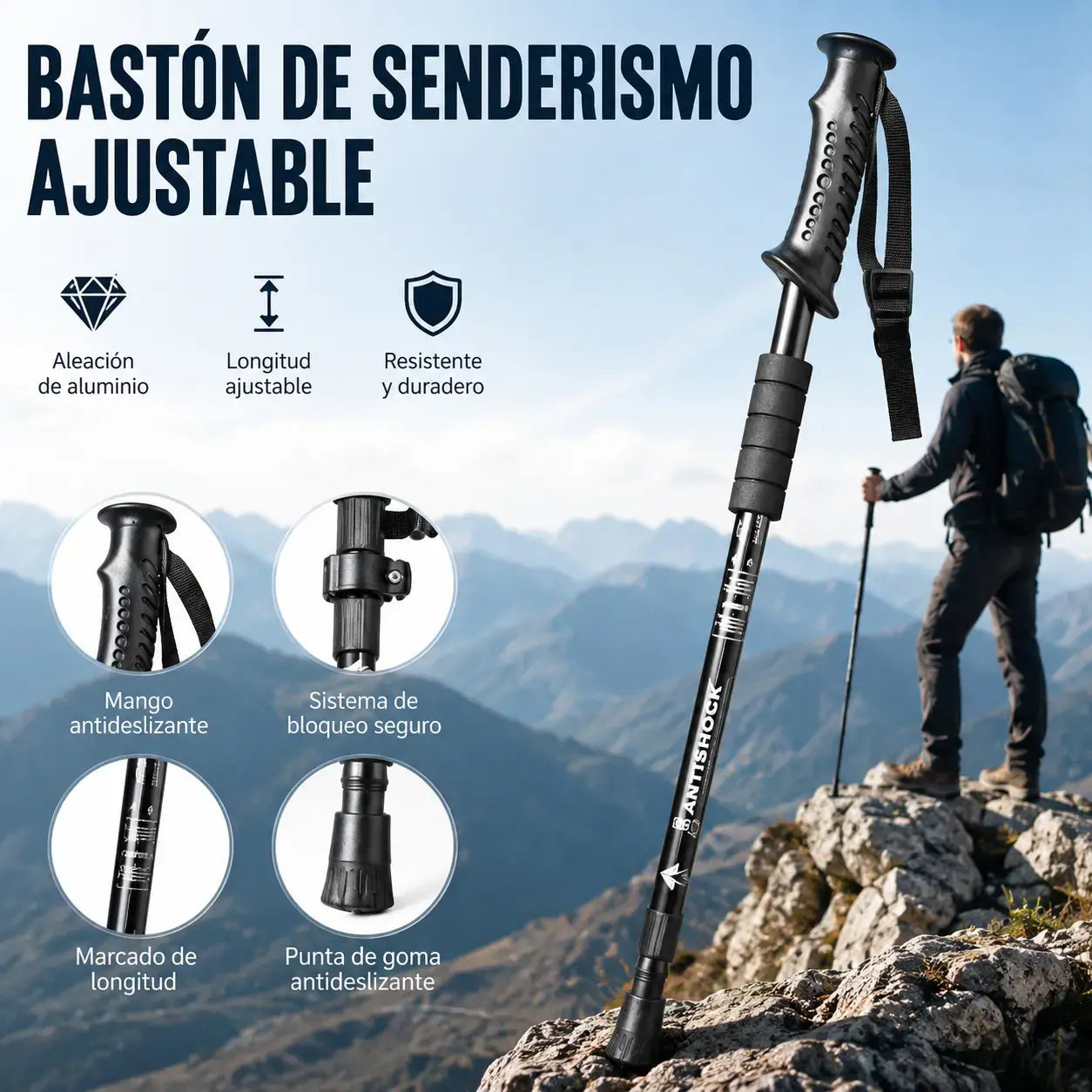 📢¡50% de descuento! ⛰️✨Bastones de trekking/bastones de senderismo multifuncionales y ajustables de aleación de aluminio: duraderos, con absorción de impactos y ligeros.