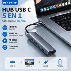 💻Hub USB-C portátil 5 en 1 con salida HDMI 4K
