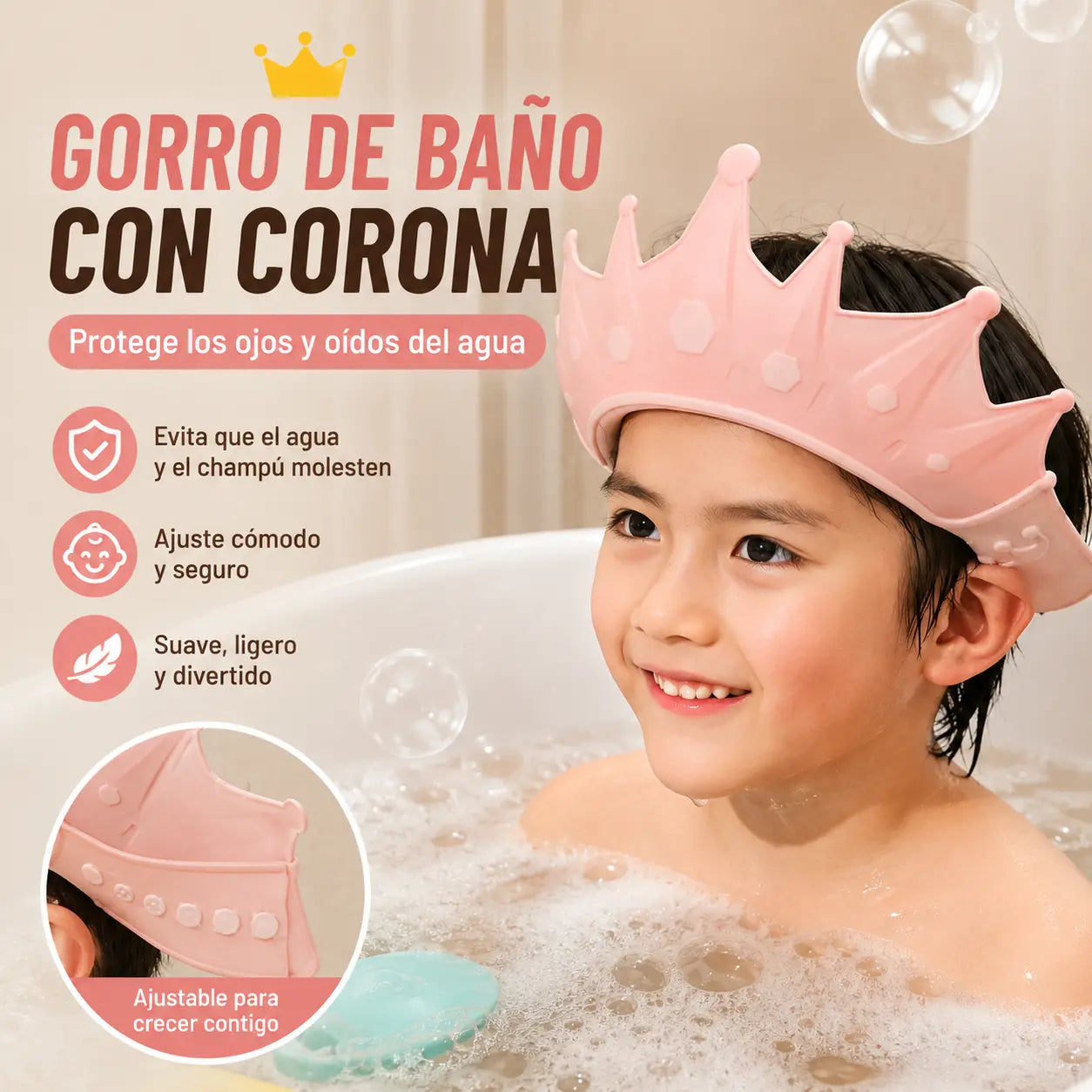 📢📢 ¡40% de descuento! ⏰ Gorro de ducha impermeable para niños, ajustable con diseño de corona de dibujos animados ✨