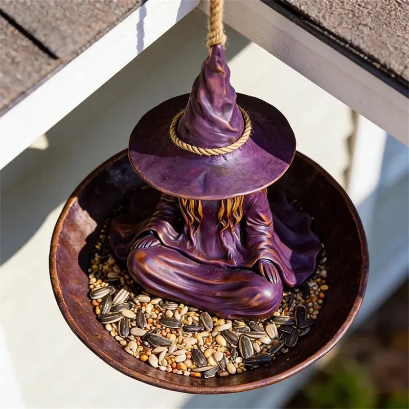 Comedero colgante para pájaros "Bruja meditando", decoración creativa y mágica para jardín, patio y terraza, material duradero.