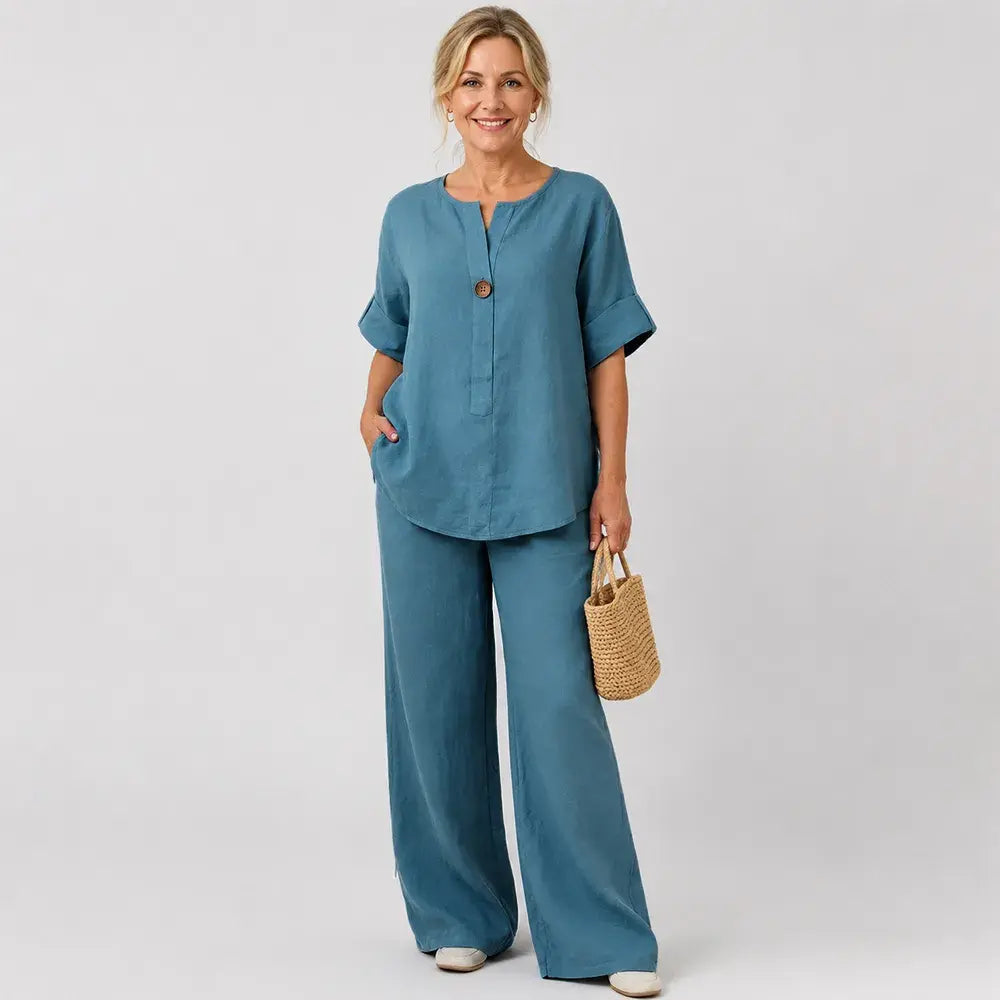 ✨【Top + Pantalones de pierna ancha】🌸【S-3XL】Conjunto de algodón y lino suave, ligero y de corte holgado, ideal para cualquier ocasión 👚