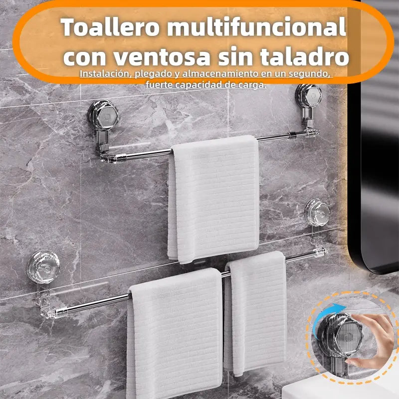 🚿✨ Barra de toalla con ventosa ajustable: no requiere perforar, no daña y tiene un agarre cómodo.