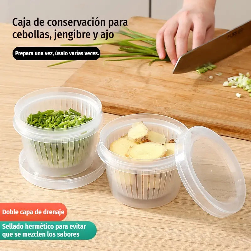 🧅【¡Compra 1 set y llévate otro de regalo!】🧄 Contenedor Organizador 2 en 1 con Escurridor y Tapa Hermética | Caja Apilable para Nevera 🥬✨