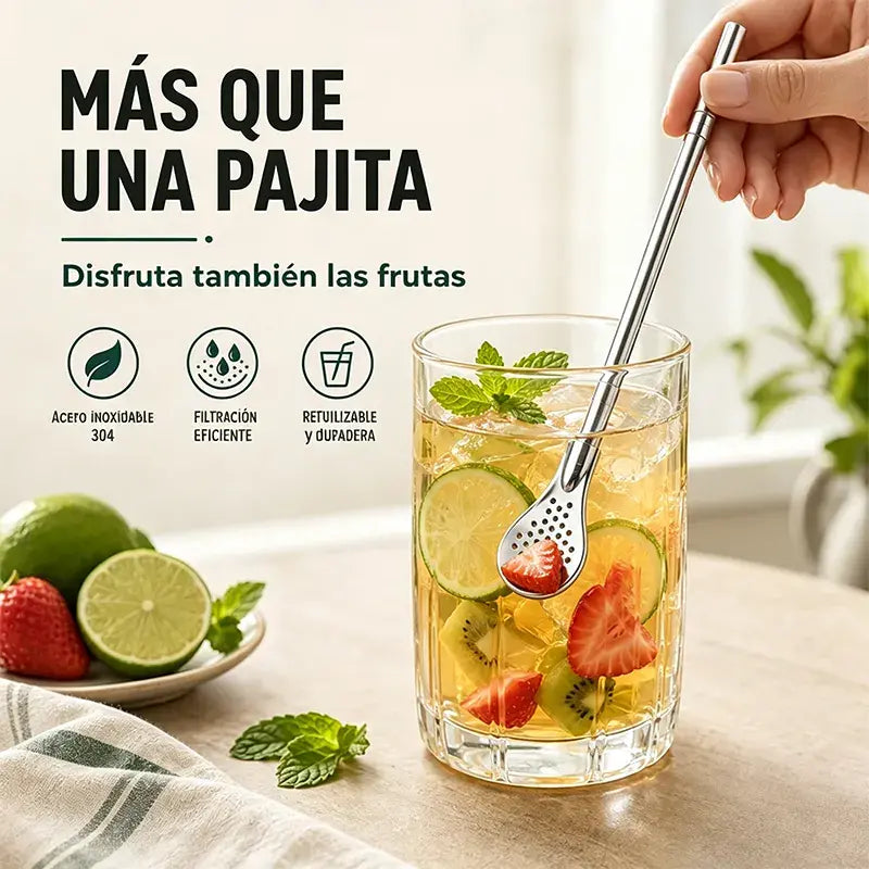 🍹 Cuchara-Pajita Multiusos de Acero Inoxidable – Filtra y Mezcla en uno, Perfecta para Leche y Té 🥤