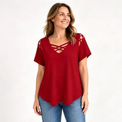 👚【S-5XL】 Top de algodón puro con V y cruzado – Corte con recortes, ligero y perfecto para el día a día ✨