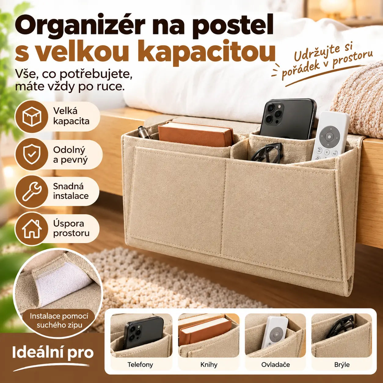 🔥 Sleva 50 %! 🛏️✨ Závěsný organizér k posteli: mějte vše potřebné po ruce.