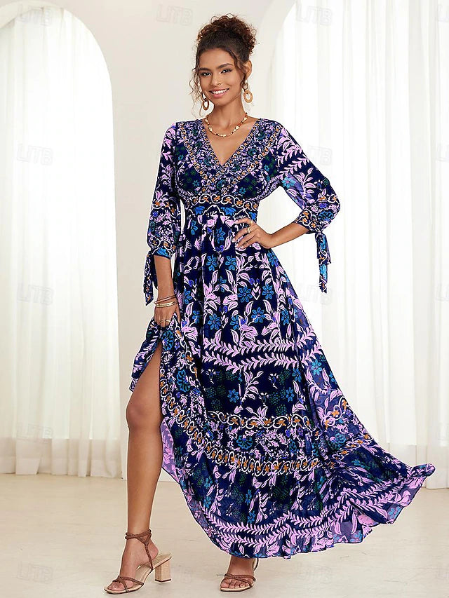 💟【S-5XL】👗Vestido largo con cuello en V y volantes florales para mujer, novedad de verano 2024, estilo bohemio para vacaciones