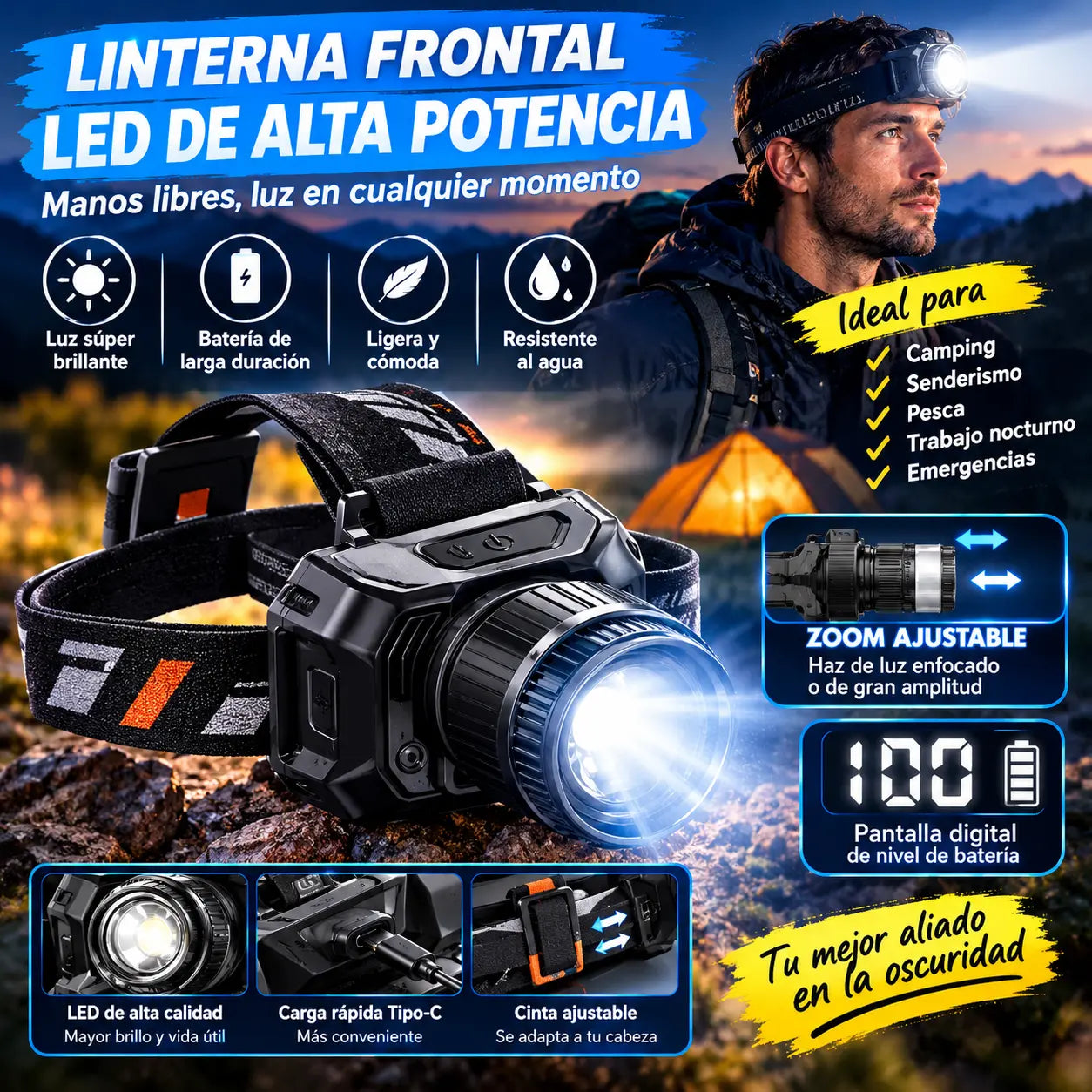 💡Potente linterna frontal de inducción para uso doméstico, uso al aire libre, zoom, largo alcance, recargable, larga duración, caminata nocturna, aventura, pesca nocturna