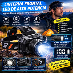 💡Potente linterna frontal de inducción para uso doméstico, uso al aire libre, zoom, largo alcance, recargable, larga duración, caminata nocturna, aventura, pesca nocturna