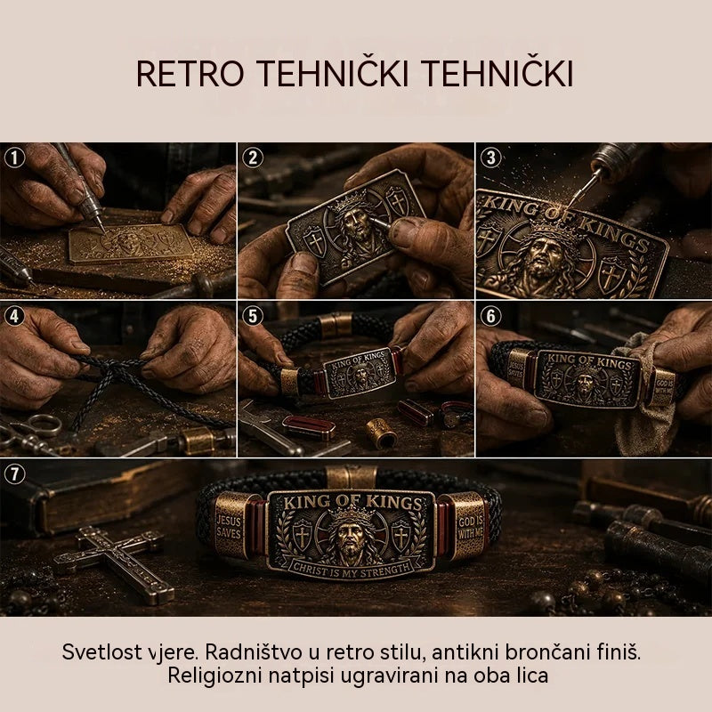 Podesiva kršćanska narukvica za muškarce, pletena koža s vjerskom porukom Isus, retro nakit, memorijalni poklon, vintage metal