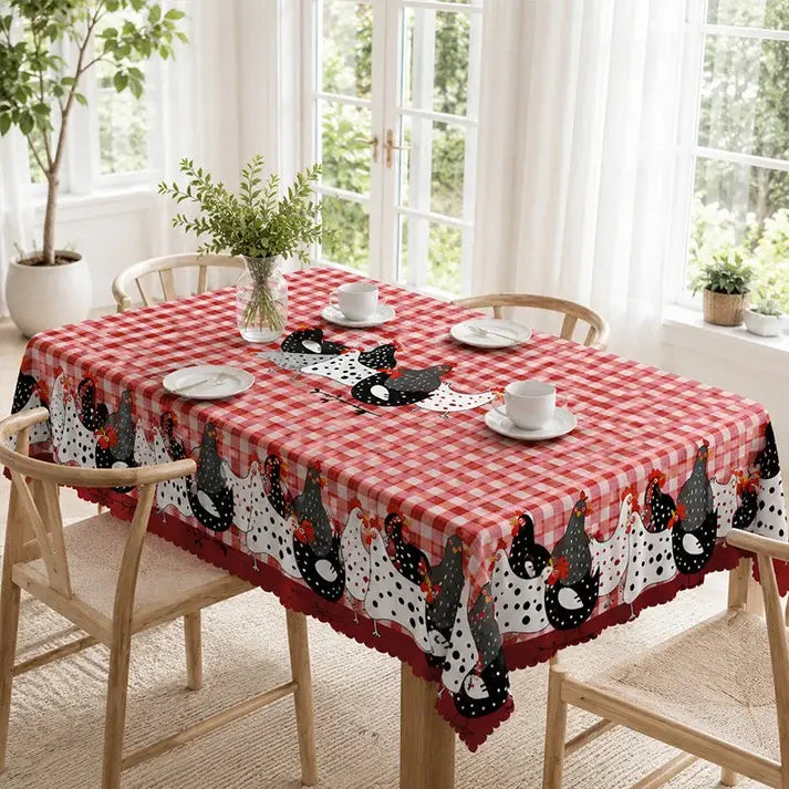 🐓 ¡50% DE DESCUENTO POR TIEMPO LIMITADO! ❤️ Mantel de gallo estilo granja: cubremesa con estampado de gallinas a cuadros rojos, resistente a derrames y con borde de encaje festoneado ✨