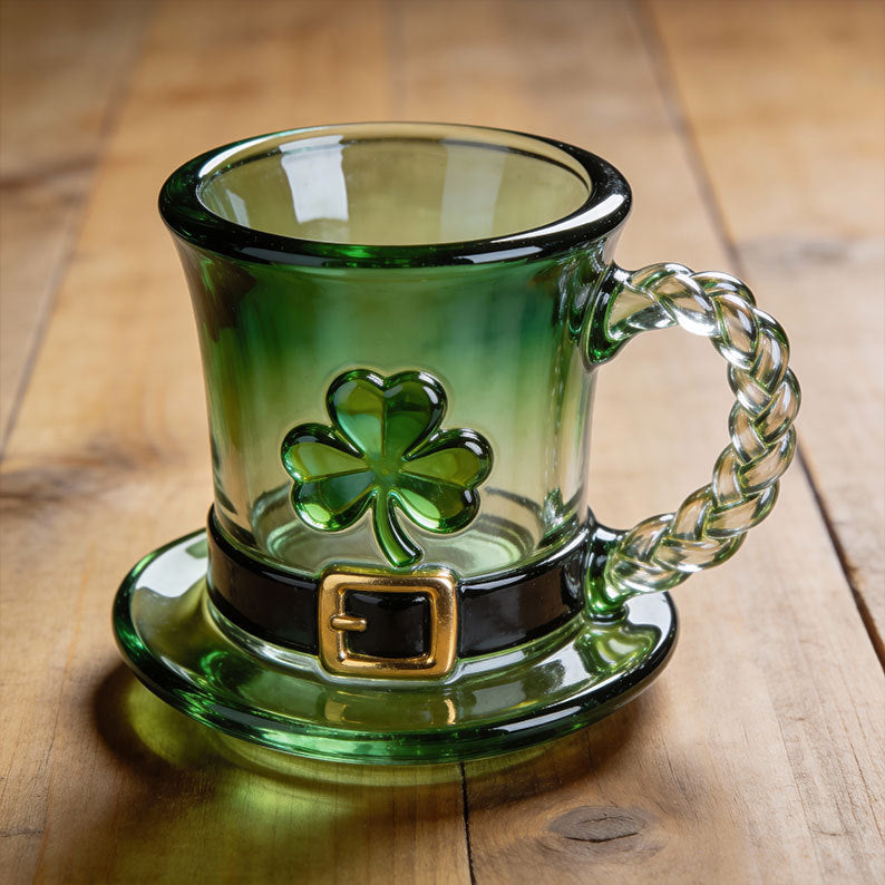 🔥☕Taza de cristal con gorro de duendecillo y trébol de la suerte - Taza de café verde esmeralda