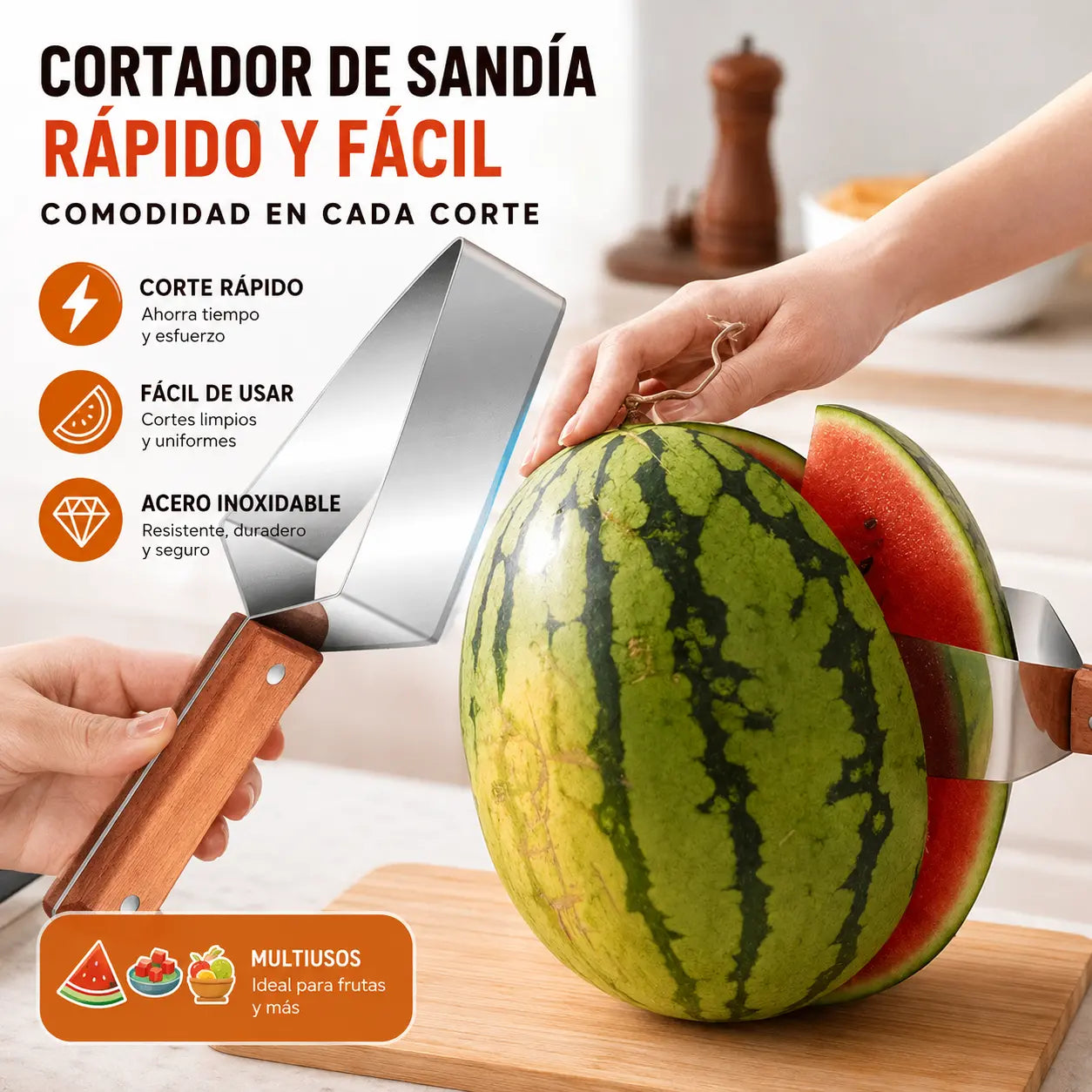 🔥2 unidades🍉Cortador de sandía multifuncional de acero inoxidable — diseño triangular con función para abrir tapas de botellas✂️
