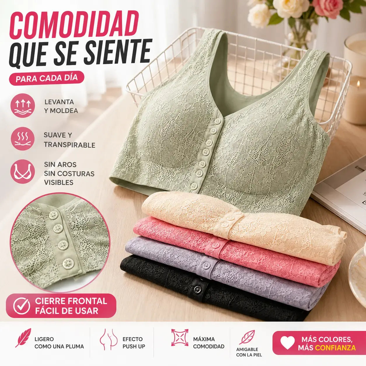 😍【Paquete de 5 Piezas】Sujetador Inalámbrico para Mujer con Botón Frontal ❤️【40-100kg】