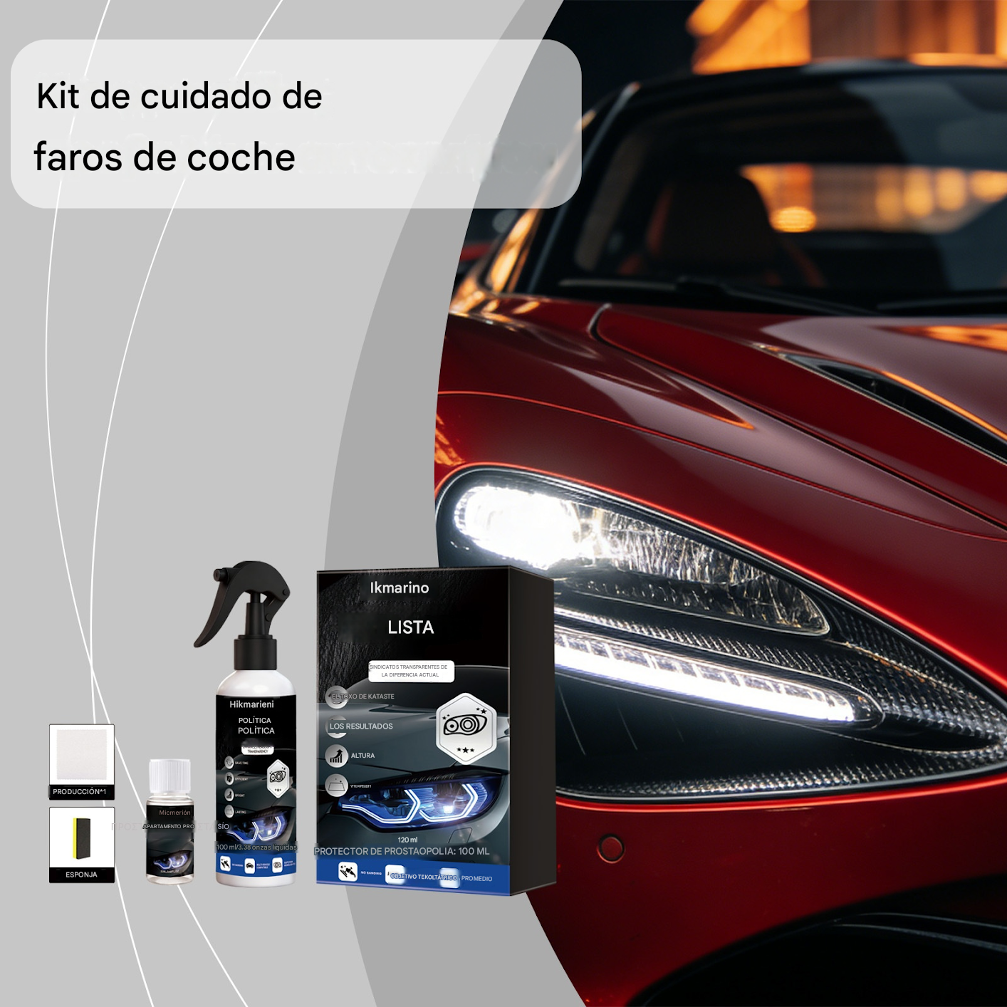 Kit de restauración de faros de coche: productos para limpieza, eliminación de manchas, brillo y cuidado.