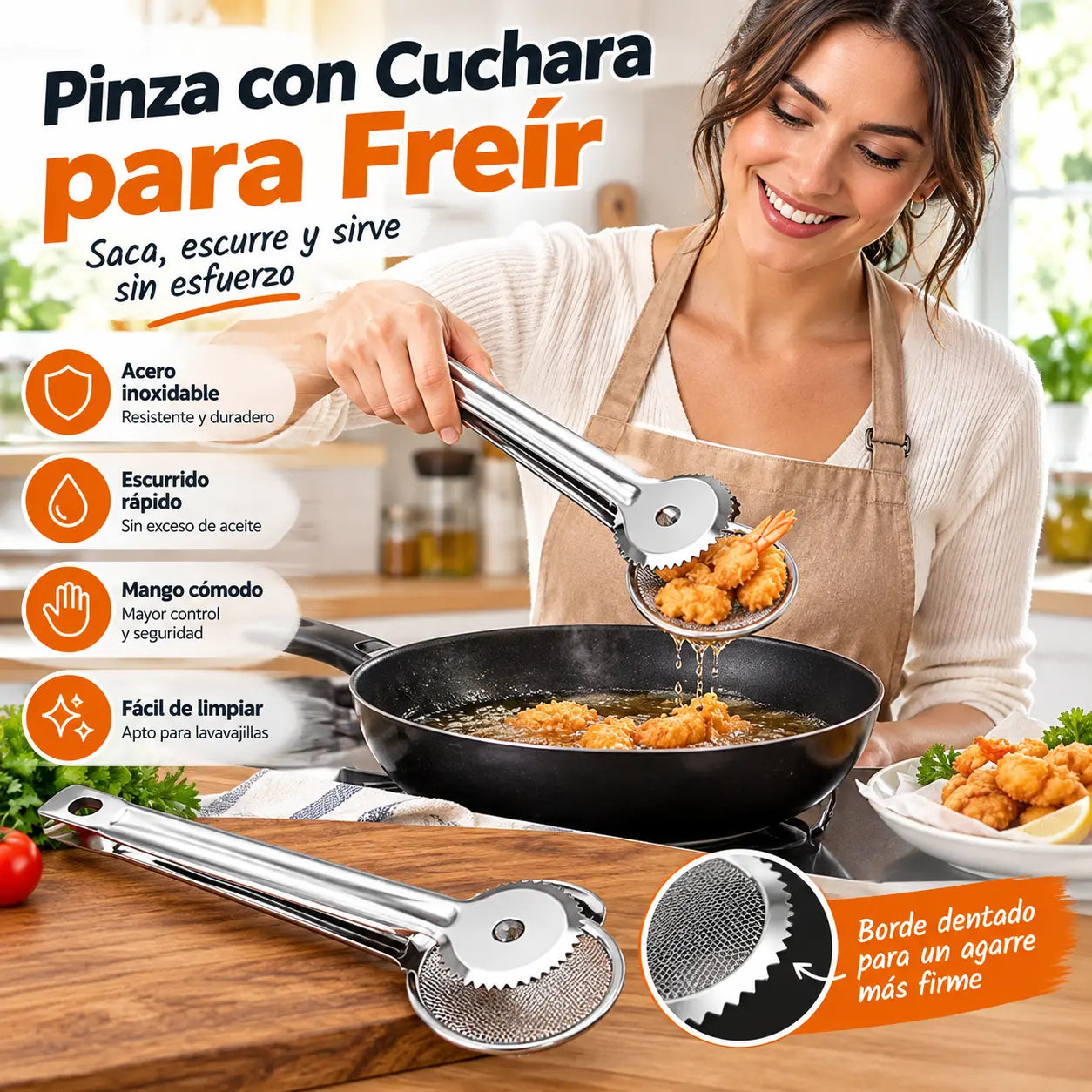 🍳 Pinza Colador 2 en 1 de Acero Inoxidable | Escurridor de Aceite para Freír y Cocinar