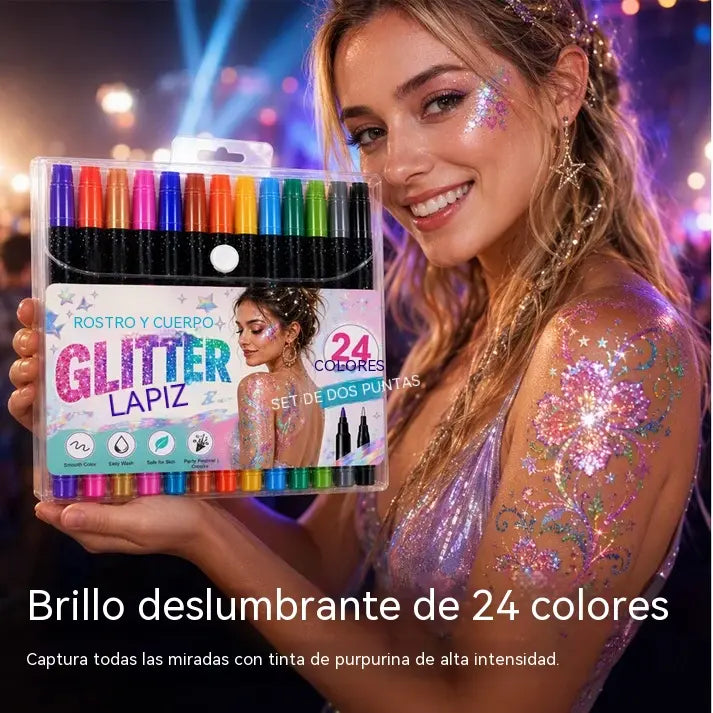 🎉 Oferta 2026 🌸 Set de 24 rotuladores de purpurina de doble punta para rostro y cuerpo ✨
