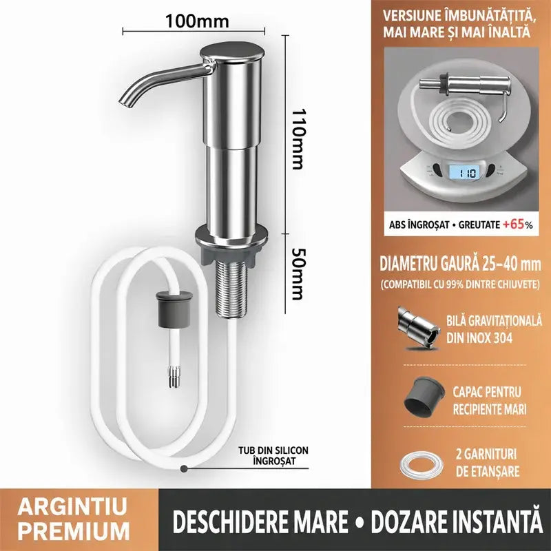 🔥Ugradbeni dozator sapuna i deterdženta za sudoper, vrhunski nehrđajući čelik, s produžnom cijevi za izravno spajanje na bocu i gravitacijskom kuglicom (čelik 304), brzo pumpanje