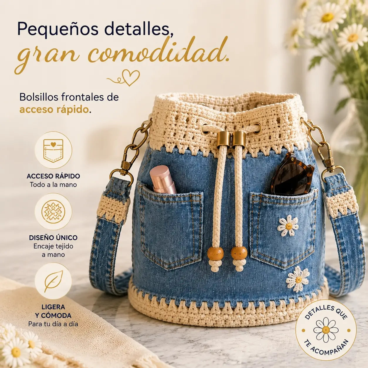 Un bolso de mezclilla tejida estilo bohemio que complementa todos tus looks ✨