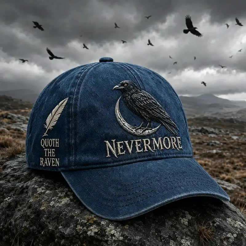 🐦‍⬛🧢 Gorra vintage Nevermore Raven | Sombrero gótico para amantes de las aves(Circunferencia de la cabeza aproximada: 56-60 cm)