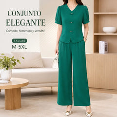 🌸【Top + Pantalones anchos】 Nuevo conjunto casual de moda, tejido de seda con excelente caída