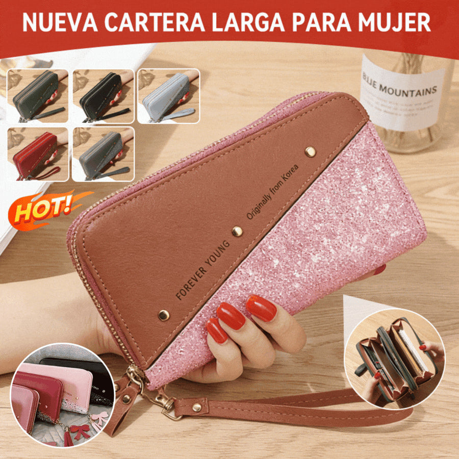 🔥Último día⏰50% de descuento👛 Billetera para mujer de gran capacidad con doble cremallera y diseño moderno en contraste