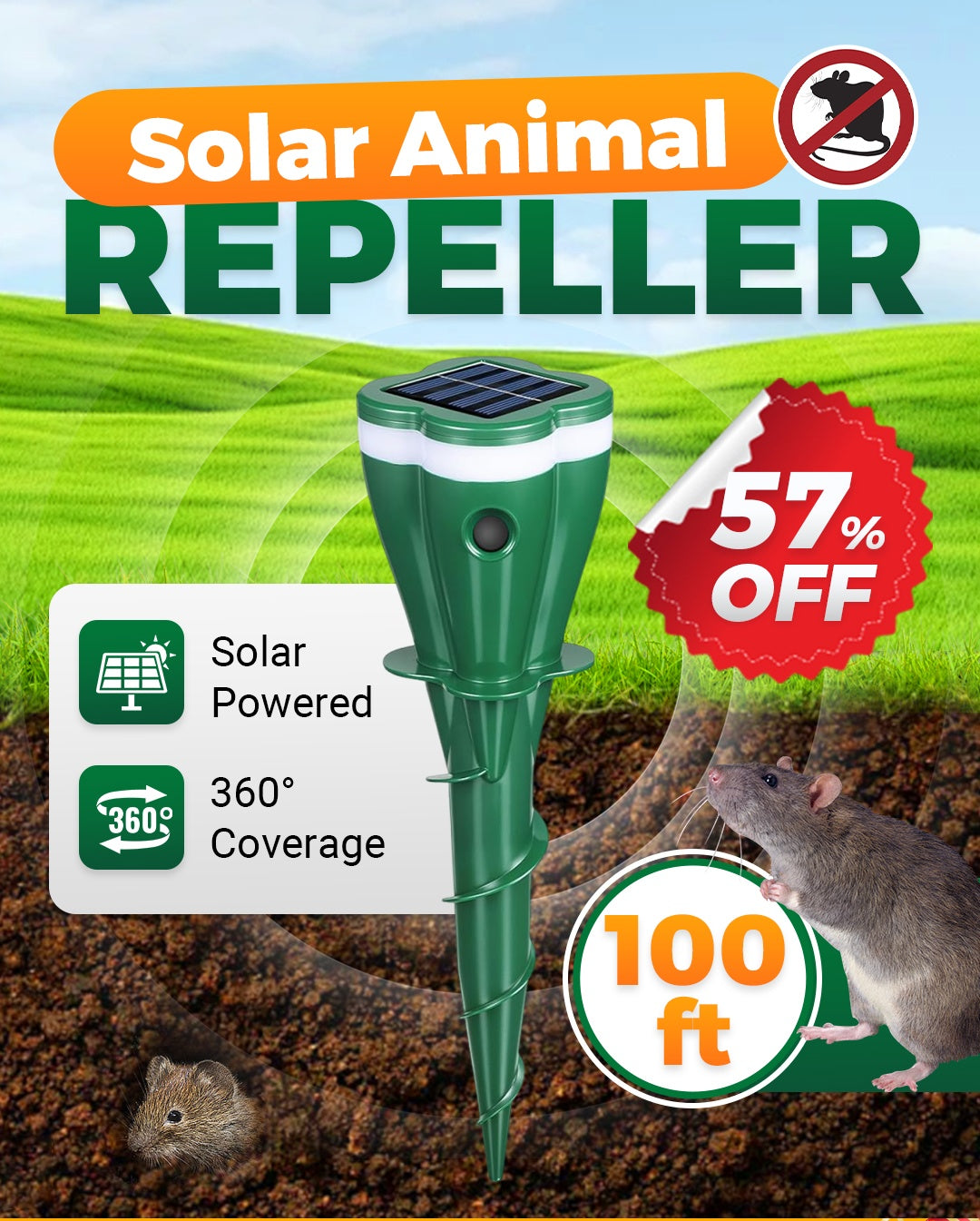 🔥🐦🐍🐀☘️Propagace produktu - 50% sleva☘️Solárně napájený vodotěsný odpuzovač zvířat
