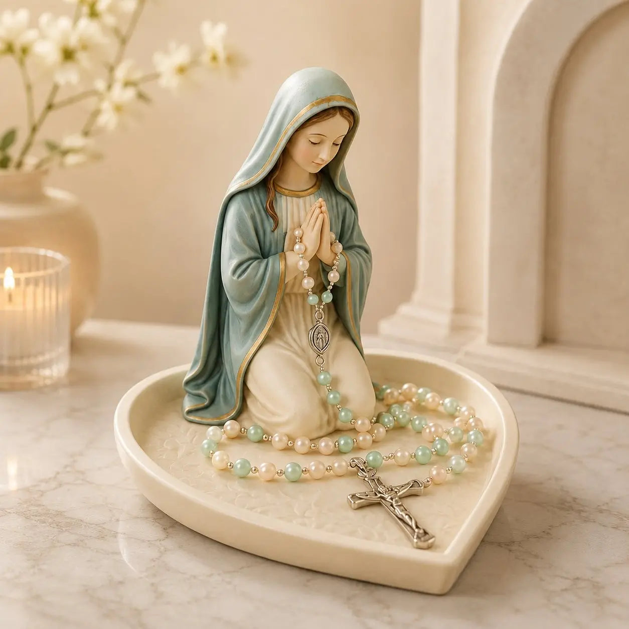 ✝️ Gran oferta: 50 % de descuento – Bandeja de cerámica «Graceful Faith» con la Virgen María para guardar rosarios o recuerdos.