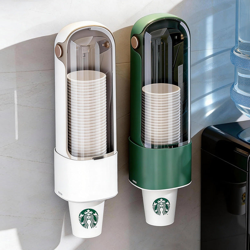 Dispensador de vasos desechables, para montaje en pared en el hogar.