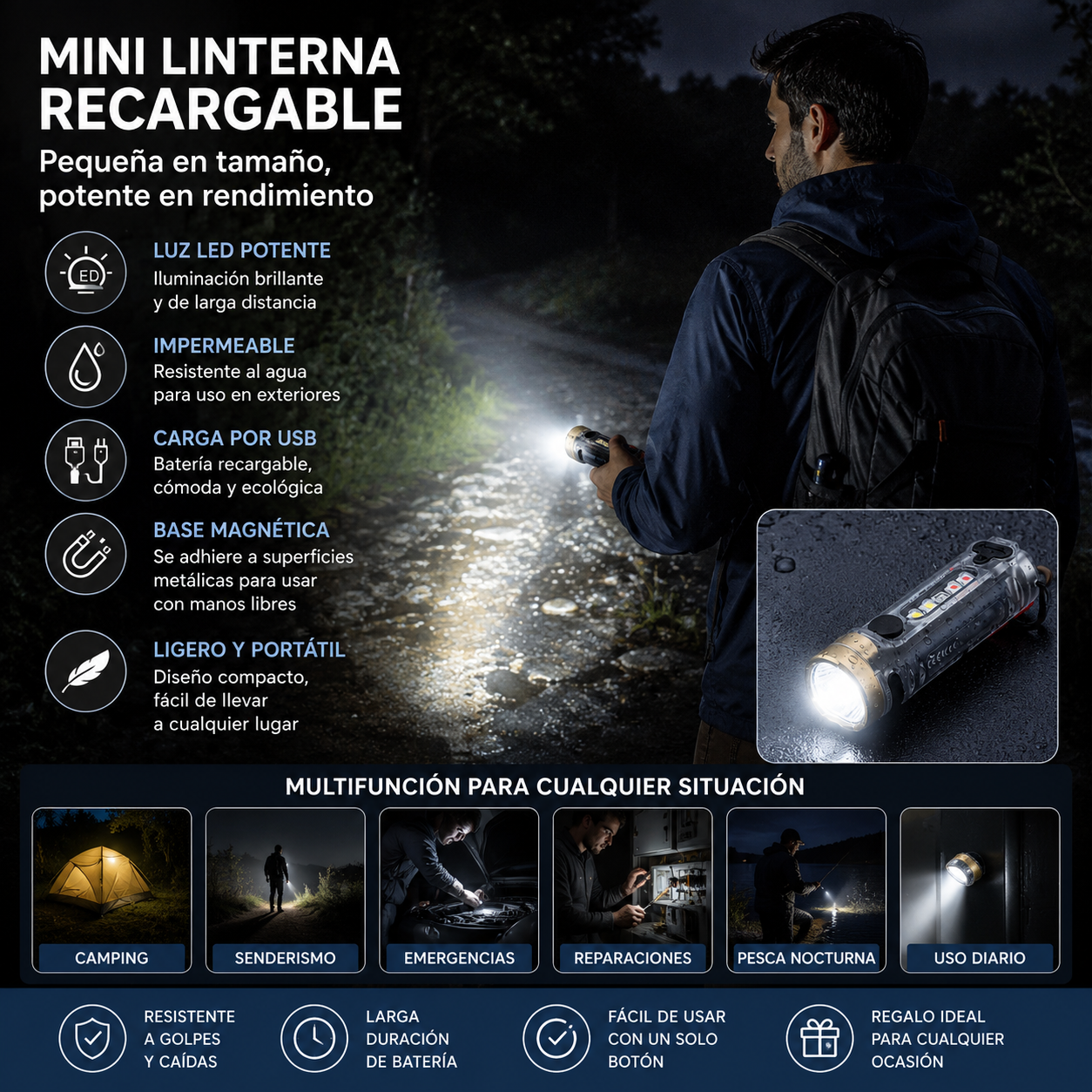✨☀️Una linterna compacta de alta intensidad con luz lateral multifuncional. Se carga rápidamente mediante USB-C, es portátil y tiene una batería de larga duración.