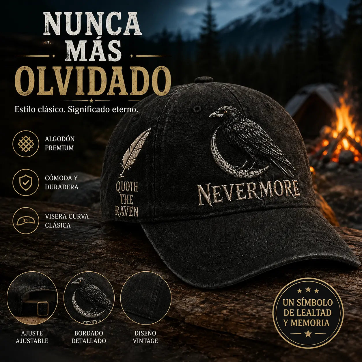 🐦‍⬛🧢 Gorra vintage Nevermore Raven | Sombrero gótico para amantes de las aves(Circunferencia de la cabeza aproximada: 56-60 cm)