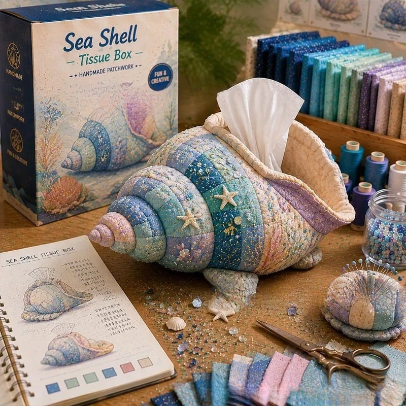 🧵✨ Kit DIY para caja de pañuelos de patchwork – set de costura artesanal con temática marina 🌊🐚