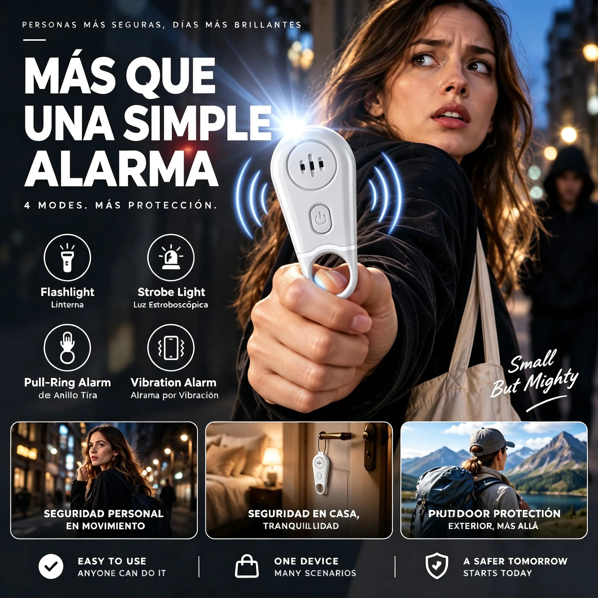 🚨🔦 Llavero de Alarma de Seguridad Personal 130dB | Sirena de Emergencia con Modo por Vibración, Linterna Recargable y Luz Estroboscópica | Para Mujeres, Mayores, Viajes y Hoteles 🛡️