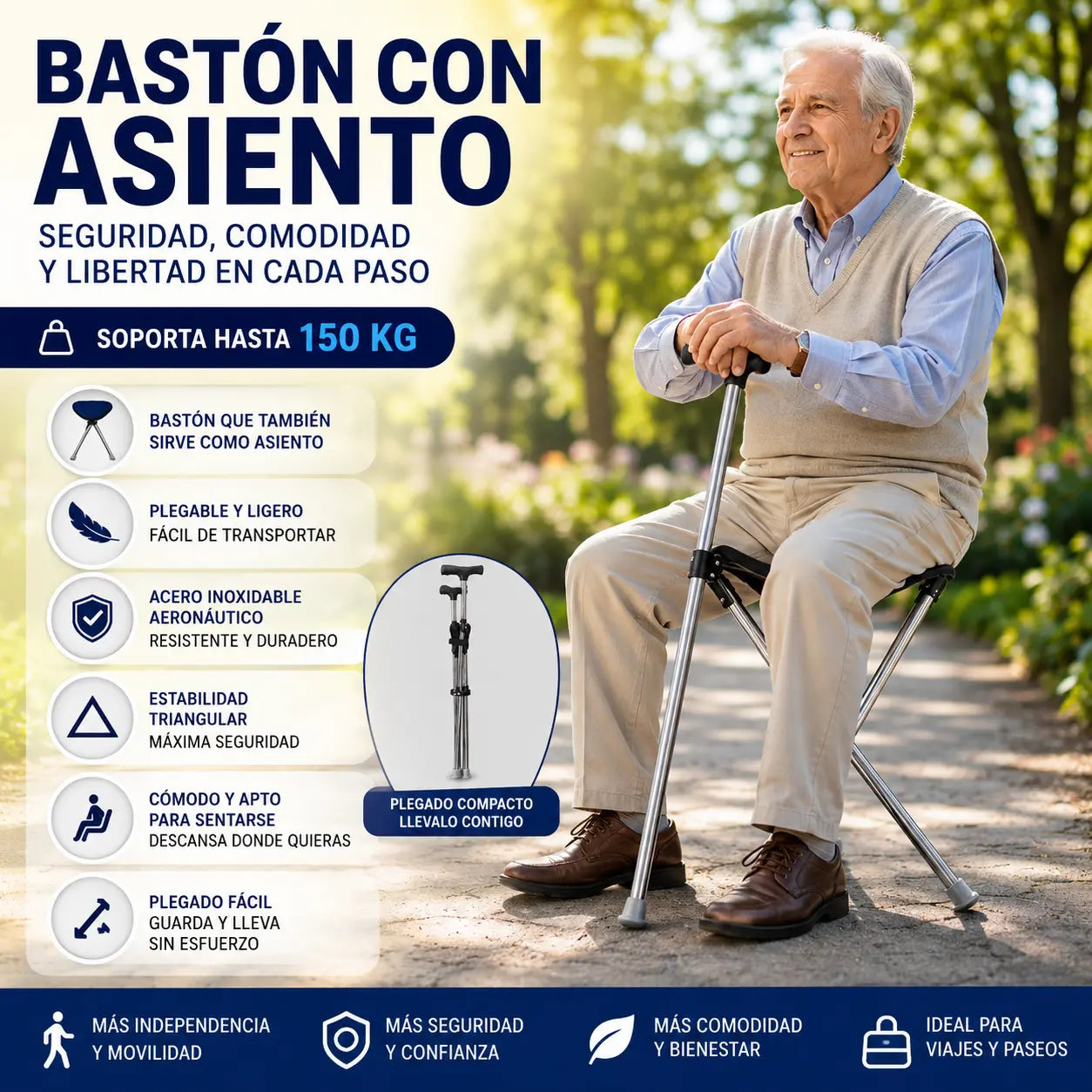 ✨Bastón plegable 2 en 1 con asiento, resistente a caídas, plegable y portátil✅ Ideal para senderismo o para que lo usen personas mayores en sus viajes.