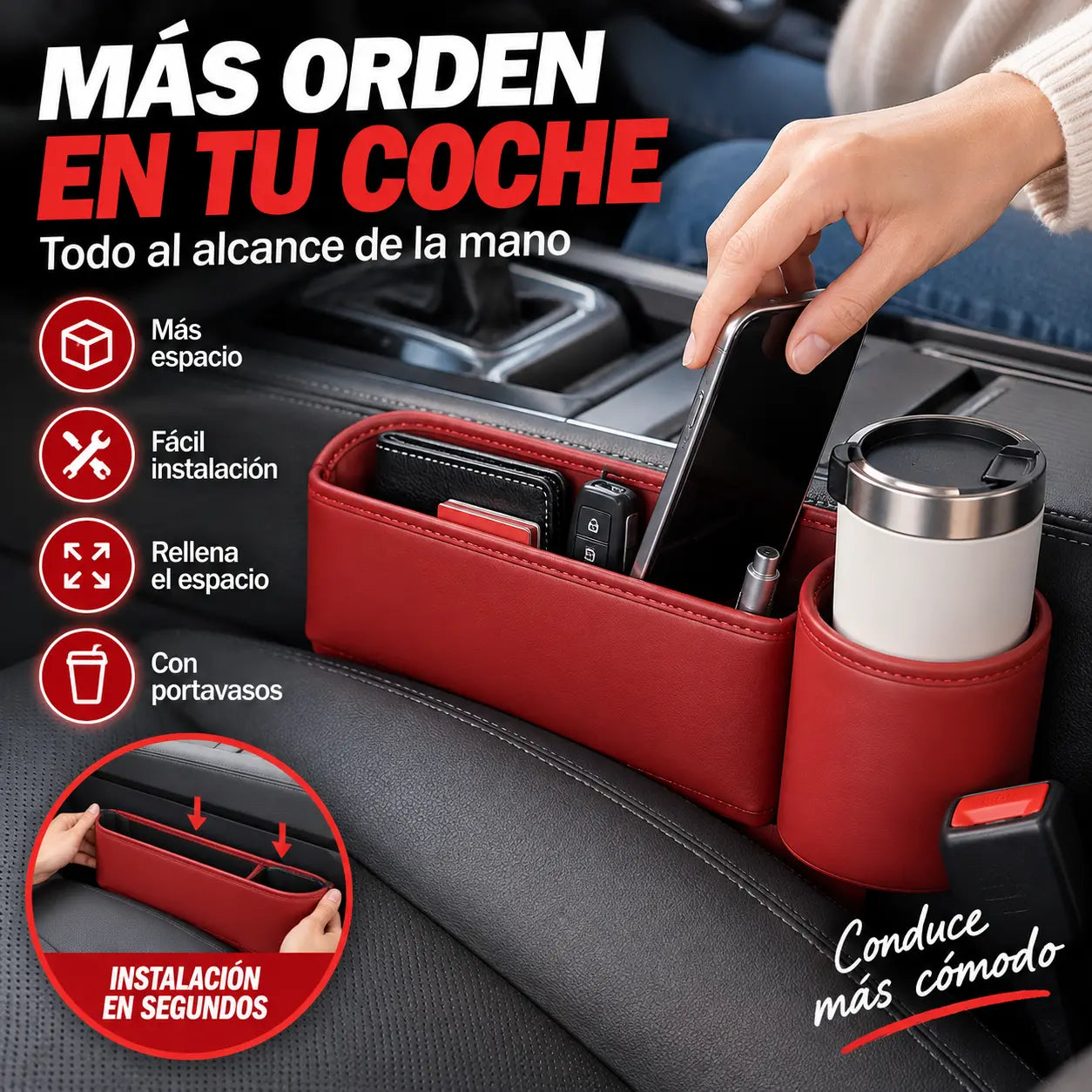 🚗Caja de almacenamiento multifuncional para el espacio entre los asientos del coche con portavasos