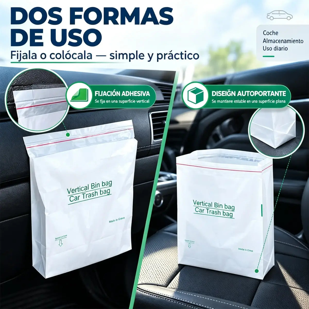 🚗🗑️ Set de 100 Bolsas de Basura Autoestables con Cinta Adhesiva | Impermeables, sin Fugas | para Coche, Hogar y Oficina ✨