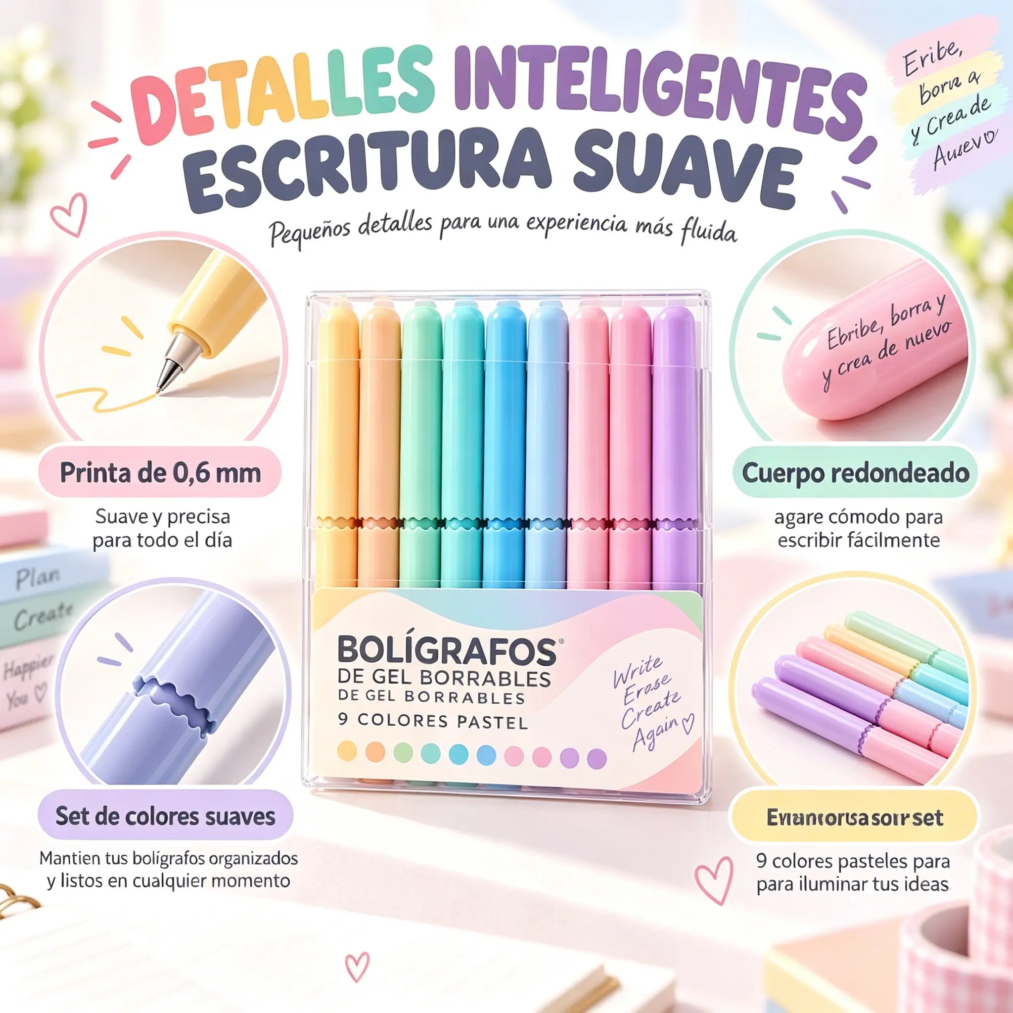 🖊️✨ Set de 9 Bolígrafos de Gel Borrables | Colores Surtidos para Dibujo, Notas y Scrapbooking 🎨