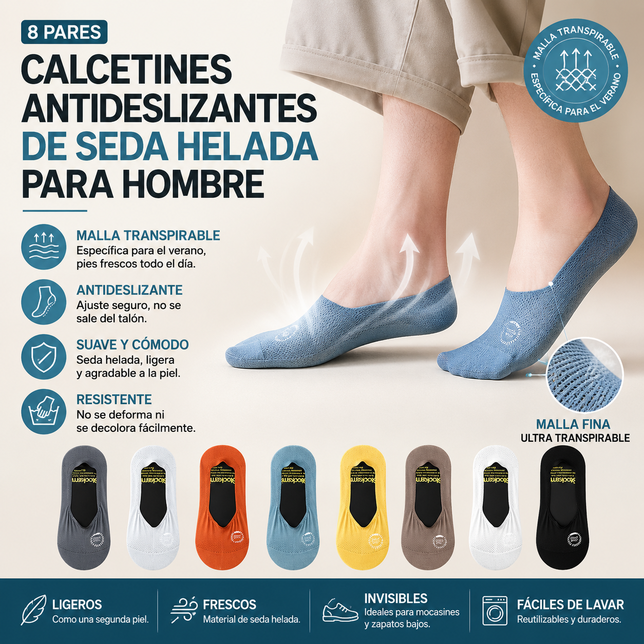 【8 pares】🧦Medias de malla de seda helada para hombre, antideslizantes y de corte bajo.