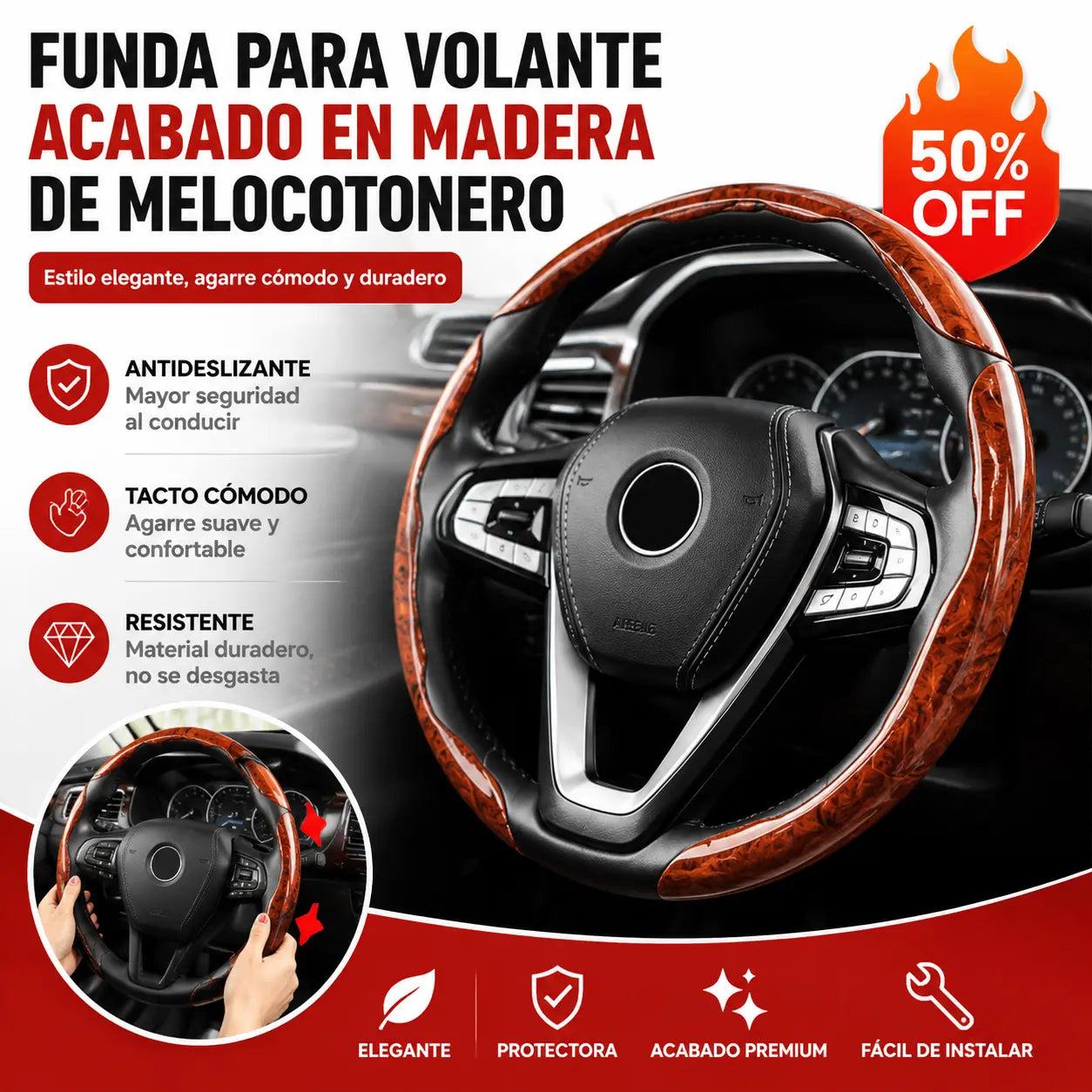 【1 juego de 3 piezas】 Funda antideslizante para volante de coche con vetas de madera