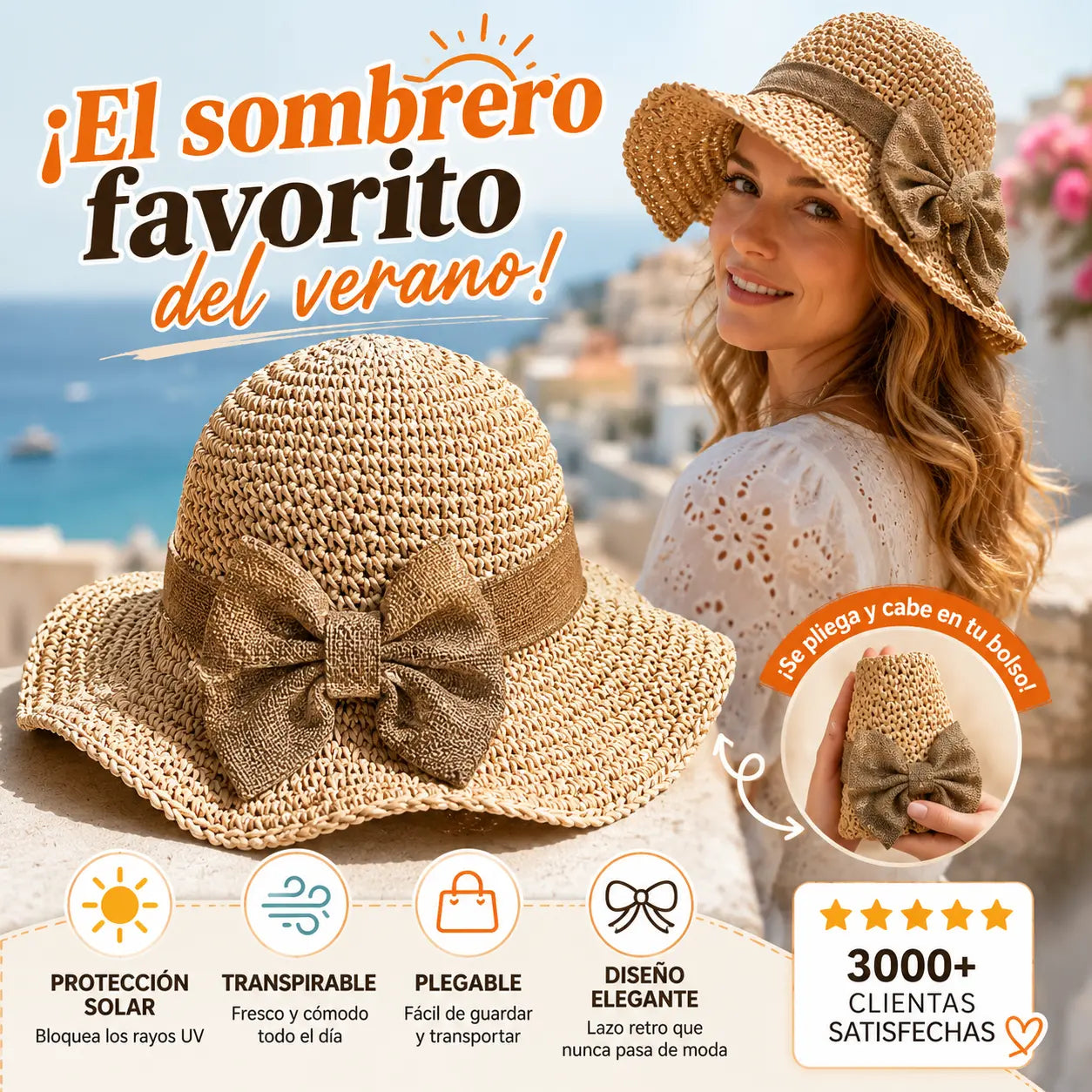 🎀🎀 50% DE DESCUENTO 👒 | Sombrero de paja con lazo retro – Plegable y transpirable para el verano
