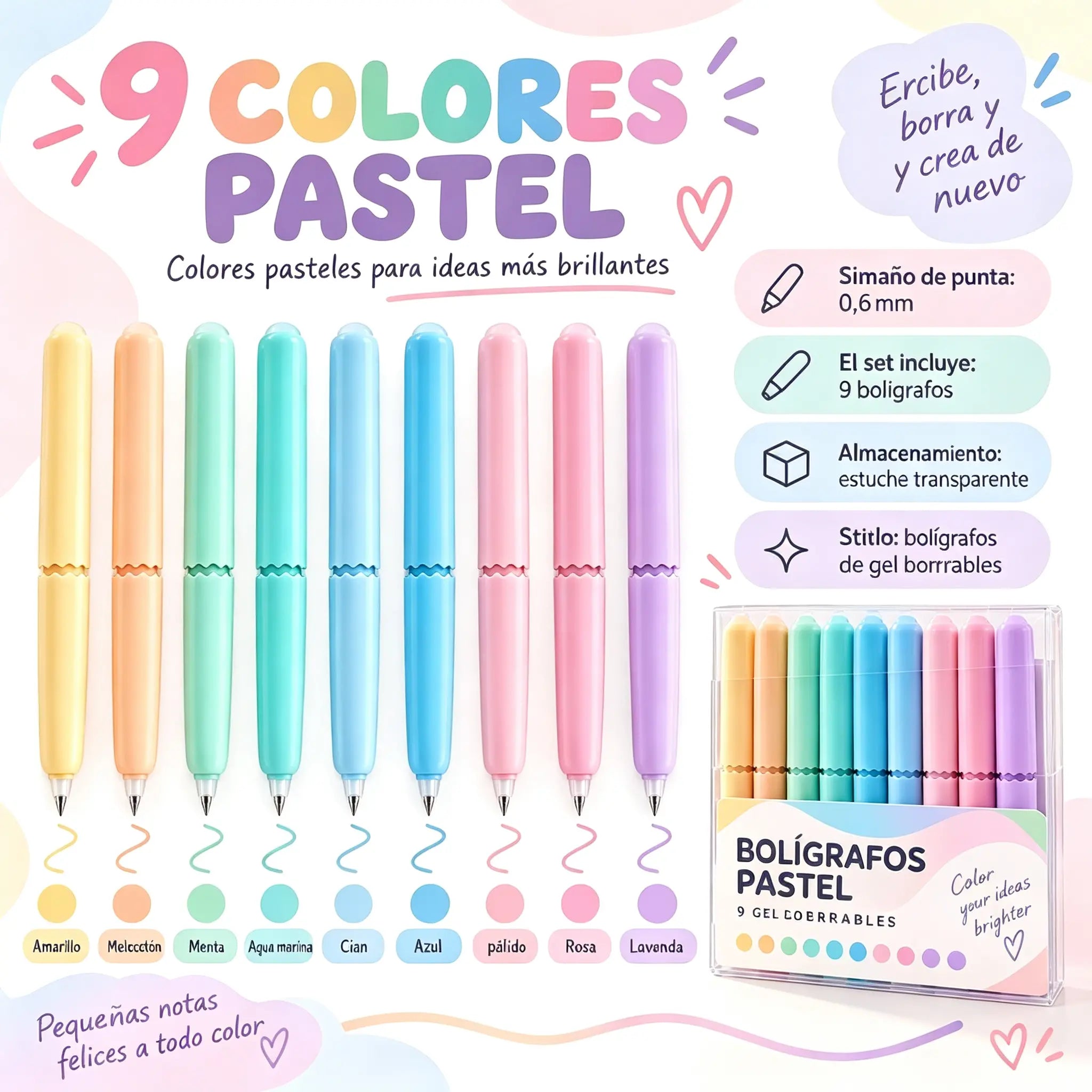 🖊️✨ Set de 9 Bolígrafos de Gel Borrables | Colores Surtidos para Dibujo, Notas y Scrapbooking 🎨